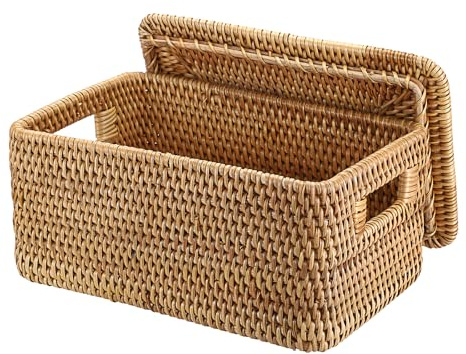 SUMTree Panier de rangement en rotin avec couvercle 30x20x15cm | fait à la main, Boîte décorative, Organisateur avec poignées, Pour étagère, Pour placard de cuisine, Pour bureau