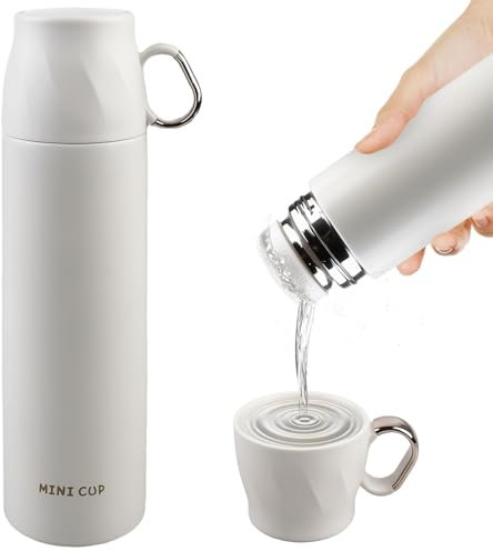 Thermoskanne mit Becher, 500 ml Thermosflasche Edelstahl Termosflaschen, Trinkflasche Edelstahl Auslaufsicher Doppelwandig BPA-Frei, Thermoskanne mit becher für Kaltes & Heißes (Cremefarben)