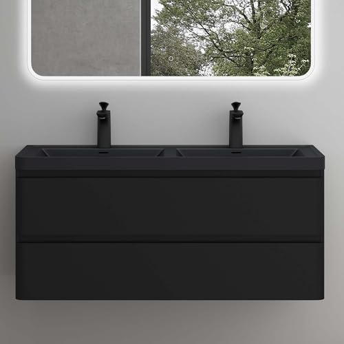Mai & Mai Badmöbel-Set Waschbeckenunterschrank 120x48x55cm in matt schwarz | Waschtisch mit Unterschrank, mit Softclose Schubladen, inkl. Mineralguss Waschbecken Lucca