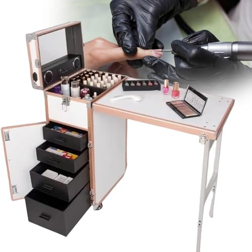 Tragbarer Professioneller Nageltisch, ManiküRetisch Auf Rollen, Faltbarer Make-Up-Koffer für Nagelstation, mit Schubladen/Spiegel/Bluetooth-Lautsprecher für Bewegliches Make-Up-Nagelstudio,Platinum