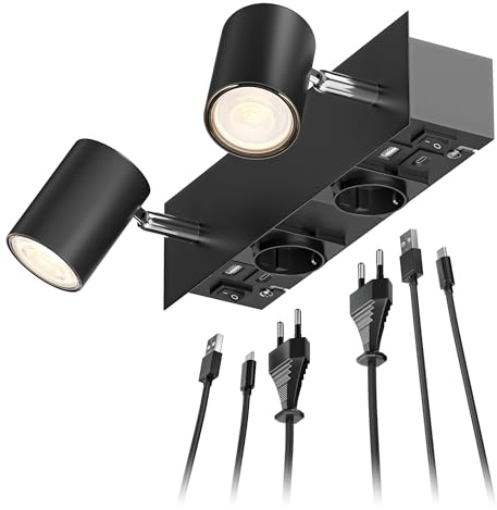 ledscom.de Wandspot WAIKA, 2-flammig, schwarz, Steckdosen, USB-C, USB-A, inkl. LED GU10 Lampen je 410lm, 45°, warmweiß