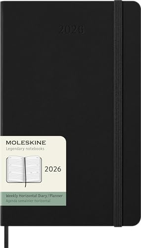 Moleskine Wochenplaner, Horizontale Wochenagenda 2026 12 Monate, Mit Fester Einband und Elastischem Verschluss, Großformat 13x21, Farbe Schwarz