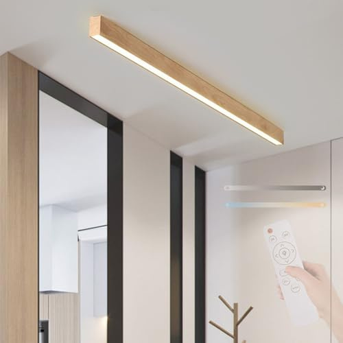 LED Holz Deckenleuchte mit Fernbedienung Langer Streifen Deckenlampe 2700K-6500K Dimmbar Deckenbeleuchtung Drei Farbwechseln Deckenleuchte Esszimmer Büro Küche Wohnzimmer (Helle Holzfarbe,120cm)