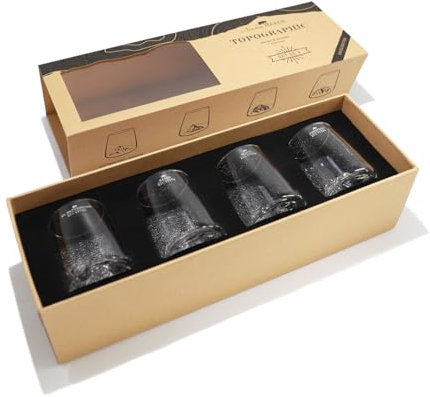 Alaskan MAKER Bicchierini shot 6,5 cl (confezione da 4) | Cristallo di alta qualità soffiato a mano con rilievo montano | Forma tulipano | TOPOGRAPHIC (Cervino, Eiger, Mönch & Jungfrau)