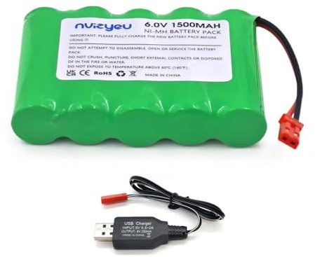 nvizyeu 6 V Akku, 1500 mAh AA wiederaufladbarer 6 V Nimh-Akku, geeignet für ferngesteuertes Auto, RC-LKW, Spielzeugfahrzeug, kommt mit Ladekabel (JST-Stecker)