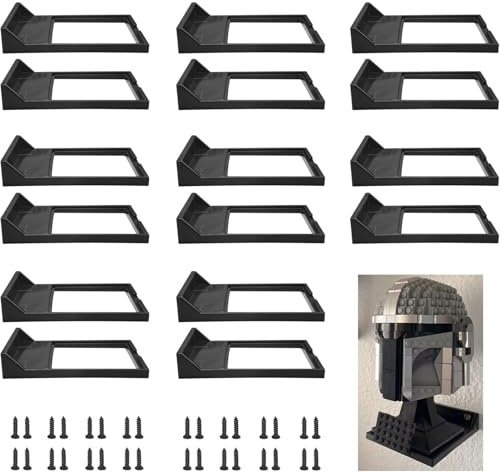 16 Pcs Black Wall Mount Display Stand Fits Lego Helmet, Wall Mount Display Shelf, Compatible with All Standard Lego Helmets, Boba Fett 75277/Tie Fighter Pilot 75274/Stormtrooper 75276