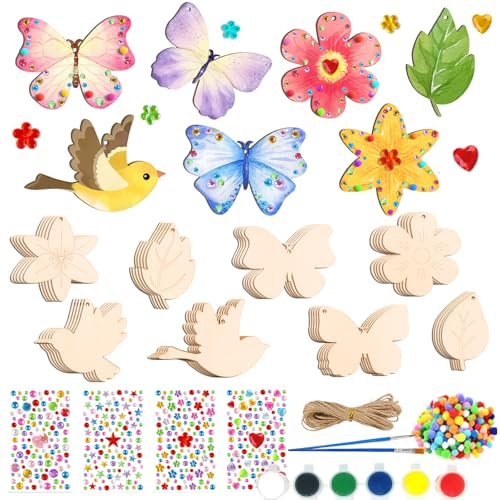 98 Stück Bastelsets für Kinder, Basteln kindergeburtstag, Bastel Sachen | Schmetterling Vogel Blume Holzanhänger zum Bemalen, Basteln Mädchen ab 4 5 6 7 8 9 10 jahre, Kindergeburtstag Beschäftigung