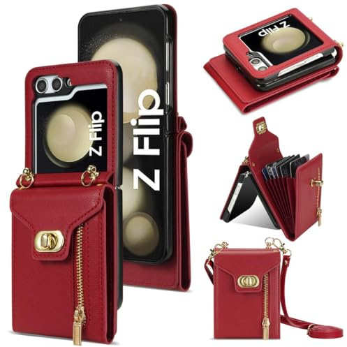Coque de protection pour Samsung Galaxy Z Flip 7, en cuir mat, étui portefeuille avec fermeture éclair, bandoulière amovible, boucle, Rouge