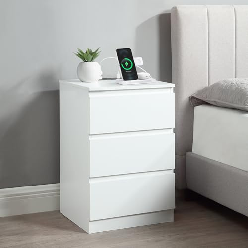 Home Treats Bedside Table with USB A and USB C Charging Ports Side End Tables with 3 Drawers 2 British Plug 2m Cable for Bedroom, Living Room, Study, Office (White)