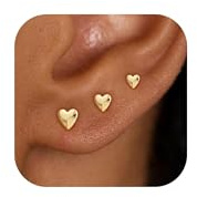 GUOKE Flat Back Earrings for Women - 14K Gold Plated Heart Hypoallergenic Small Screw Flatback Stud Earring, Everyday Wear, 3 Pair