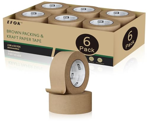 EFOK 6 Rolls Brown Packing Tape 2 Inch Bulk, 2025 Upgrade Kraft Paper Packaging Tape, 2 Inch x 55 Yards, Cardboard Shipping for Packing Boxes, Tear by Hand for Express Parcels & Office Use