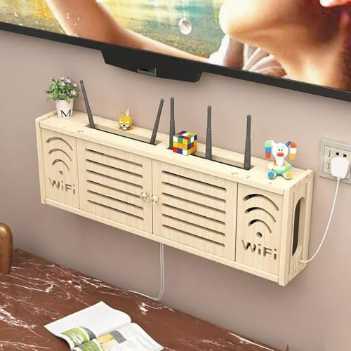 STCERY Caja De Almacenamiento Para Router Wifi, Armario Multimedia Colgante De Madera, Ocultador De Caja Wifi, Organizador Invisible, Ventilación Y Disipación De Calor(Beige 1,71cm/27.9in)