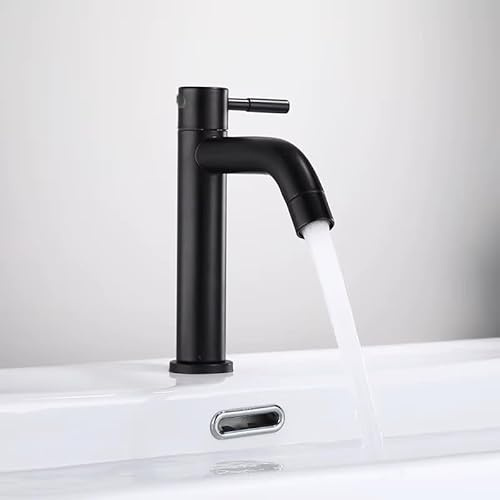 Robinet Lavabo Uniquement Eau Froide, Hauteur 17cm, Bec Incliné, Flexible 50 cm G1/2 Inclus, Design Moderne, Acier Inoxydable, Lave main, lavabo WC (Noir)