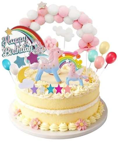 Juego de decoración de tartas de unicornio para cumpleaños infantil, incluye decoración para tartas, macarons, arco iris, nubes y globos, decoración de cumpleaños colorida para niñas y niños