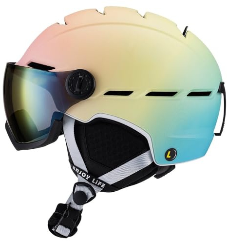 Skid- och snowboardhjälm, integrerat UV-visir, tryckknappsventilation, högt stötskydd, lätt, örondynor, klicka för att justera storlek, män, kvinnor och barn. (Fantasy gul, S)