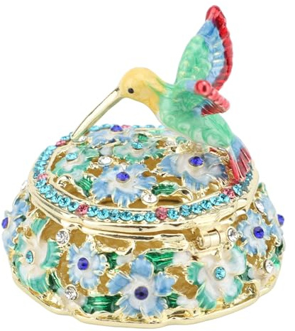 Yechiry Vintage-Emaille-Schmuckkästchen, Schlafzimmer-Büro-Desktop-Dekor, Rundes Kolibri-Muster, Dekorative Emaillierte Schmuckschatulle mit Lebendigen Farben für Ringe, Halsketten (BLUE)