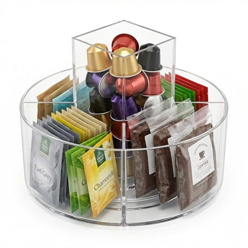 Tea Bag Organiser Box with 5 Compartments | Plastic Storage Container for Tea Bags, Sugar, Coffee Pods & Small Items