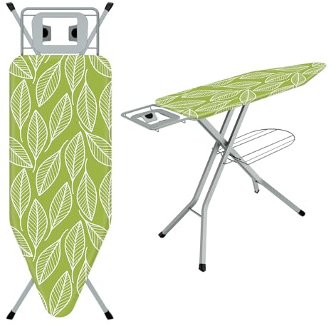 TEENO Klappbares Bügelbrett 120 x 45 cm,Kompatibel Mit Dampfbügeleisen,Sicherheitsschließsystem,7-Stufige Höhenverstellung,100% Baumwoll-Bügelauflage,Geeignet Für Zu Hause/Waschküche（Grünes Blatt）