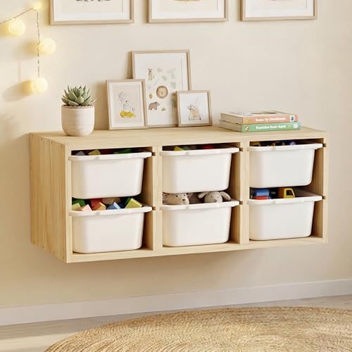 Giklux Montessori-Spielzeugregal aus Massivholz zur Wandmontage mit 6 Fächern, Spielzeugablage mit Ablagefläche zum Lernen und Spielen, Aufbewahrung für Kinderbücher, platzsparende Hängebox