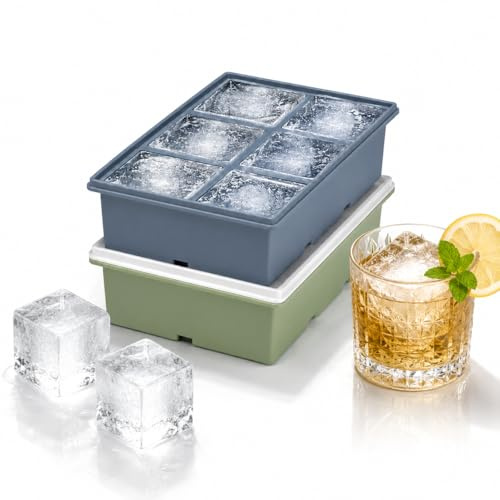 2 Stück Eiswürfelform mit Deckel, Silikon Eiswürfelbehälter für XXL Eiswürfel 5 cm, BPA-frei, leicht entnehmbar, stapelbar, ideal für Whisky, Cocktails, Eiskaffee & Getränke
