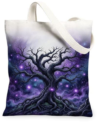 Tree Canvas Tote Bag, Mystical Artistic Stars Roots None Violet Everyday Tote Bag 13x15 Inch