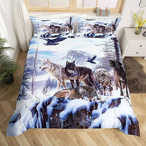 Loussiesd Schneefeld Wolf Bettwäsche Set 135x200 cm 3D Wölfe Drucken Bettbezug Set für Kinder Jungen Weiß Blau Tierwelt Tiere Betten Set Super weich Mikrofaser mit 1 Kissenbezug Reißverschluss
