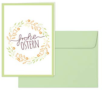Osterkarte, Grußkarte „Frohe Ostern“ – Klappkarte im Pastell-Stil mit mintgrünem Umschlag, Design: Pastell-Kranz
