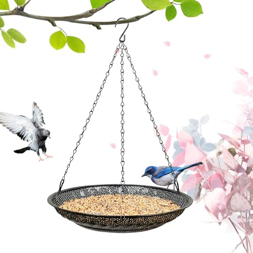 CQAIRIOU Premium Vogelfutterstation zum Aufhängen, Größe 30 cm, große Schale, Vogelfutterstation aus Edelstahlgeflecht, Wildvogel-Futterstation für draußen hängende Vogelfutterstelle