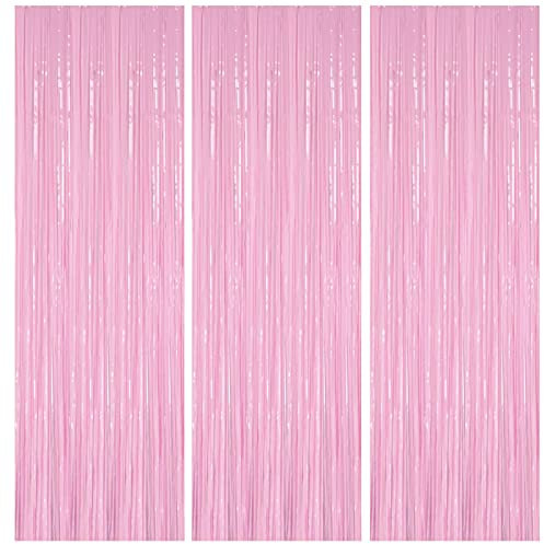 3Pc 1m*2m Macaron Pink Foil Curtain Door Curtain,Metallic Tinsel Curtains Party Backdrop Curtain Shimmer Curtain,Fringe Backdrop Hanging Streamer for Halloween Xmas Wedding Party Frozen Birthday