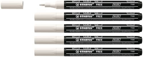 STABILO - Acrylmarker - FREE Acrylic T100 | Strichbreite 1-2 mm, 5er Pack, weiß