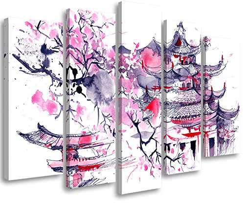 Feeby 5 pièces Impression sur Toile Intissee 200x100 cm Cerisier en fleurs Pagode Japon Tableau Moderne Tableau Photo Chambre à Coucher Est Oriental Asie rose