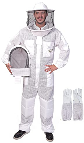 US-Keepers 3-Layer Ultra Ventilated Bee Suit for Men & Women – Premium Beekeeping Suit with Bee Gloves & Two Detachable Beekeeping Veils (White L)