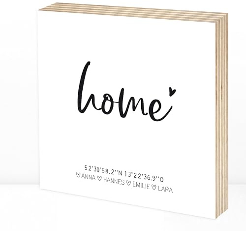 Wunderpixel® Holzbild home Koordinaten - personalisiert mit Namen - 15x15x2cm zum Hinstellen/Aufhängen, echter Fotodruck auf Holz - Wand-Bild Aufsteller Zuhause Dekoration Geschenk-Idee Familie