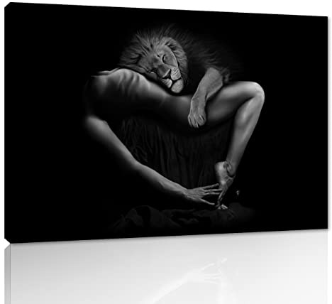 Yatsen Bridge Sexy Leinwand-Wandkunst Moderne Körperkunst Frauen und Löwe Schwarz-Weiß-Gemälde Gerahmtes Tänzerinnen-Kunstwerk für Wohnzimmer, Schlafzimmer, Badezimmer-Dekoration Gespannt, fertig zum