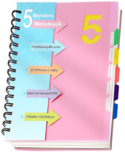 CAGIE 5 Subject Notebook College Ruled, Small Spiral Notebook 5x7 with Divider Tabs, A5 Spiral Notebooks for Women, 240 Pages Spiral Note book for School Note Taking, Pink