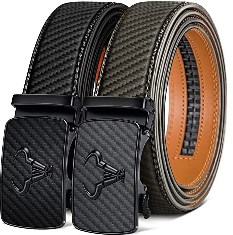BULLIANT Gürtel Herren 2er, Gürtel Ratsche Automatikschließe Ledergürtel für Herren Verstellbar 35mm Breit mit Geschenkbox(Schwarz/Kaki-110cm/30-36 taille verstellbar)