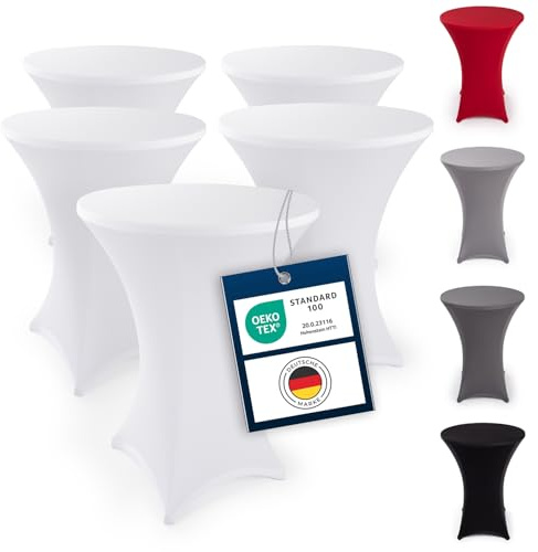 Blumtal 5er Set Stretch Stehtisch Hussen Bügelfrei - Oeko -TEX zertifizierte Tischhussen für Stehtische Ø 60 – 65 cm - Verstärkung im Fußbereich - waschmaschinengeeignet - Weiß