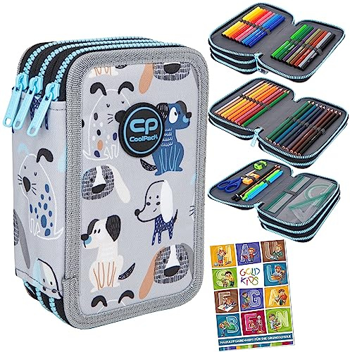 Goldkids Federtasche 3-fache Federmappe Doggy Hunde Federmäppchen 46-teilig gefüllte Schüleretui Stifte und Pinsel inkl. Aufgabenheft Federbox Etui Stiftetasche Schlamper-Etui Schul-Etui