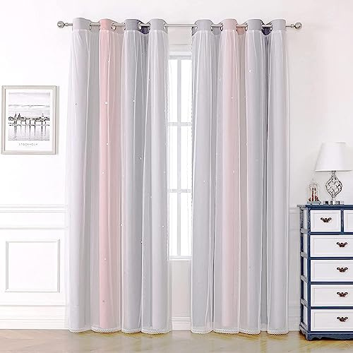 Curtains for Living Room Kids Baby Nursery Home Blackout Curtains Bedroom Curtains Eyelet,2 Panel 52 x 84 inch Drop Thermal Curtains for Winter,White Voile Net Curtains for Windows Pink Grey Curtains