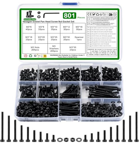 M3 Nuts and Bolts Set, 801 Pcs Hexagon Socket Head Cap Screws, Black Hex Socket Cap Head screws, Machine Screws Bolts and Nuts and Flat Washers Assortment Kit, for Bicycle Motorcycle Repair