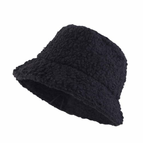 SHTGOI Plüsch-Fischerhut Lammfell Eimerhut Flauschige Bucket Hat Breiter Krempe Winterhut Faltbar Verdickt Anglerhut Unisex Warm Wollmütze Freizeithut für Outdoor Travel Warm Shade Schwarz