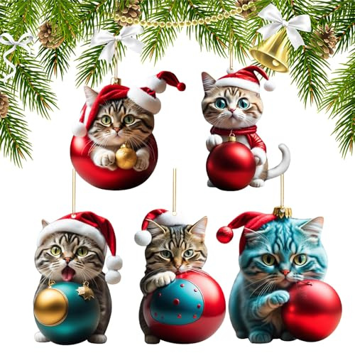 Ellxen 5 Stück Katze Weihnachtsbaum Anhänger,2D Acryl Katze Christbaumschmuck,Weihnachtsschmuck Geschenk,Spaß Weihnachtsanhänger Deko,Weihnachtsschmuck für Veranda,Flur,Büro,Urlaub(5,B)