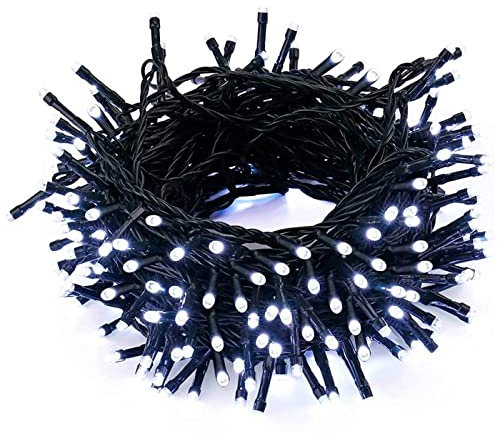 AC - Tira de 100 Luces Leds navideñas a Pilas (no Incluidas) - Apto para Interior y Exterior - Función de luz foja e Intermitente - 8 Metros - Color Blanco
