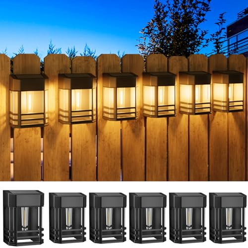Woolmug 6 Pack Solar Fence Lights Outdoor Garden, Waterproof Retro LED Wall Lights, Auto On/Off Solar Lights Outdoor Garden Fence Lighting for Patio Decking Gate Yard Decoration, Warm White