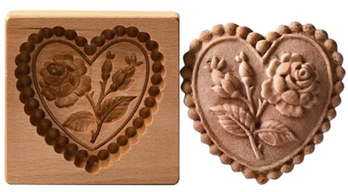 Forma per biscotti in legno, intagliata, stampo per biscotti 3D, divertente, a forma di cuore e rosa, per Natale, Pasqua, Ringraziamento, San Valentino, compleanno, utensili da cucina fai da te (Cuore