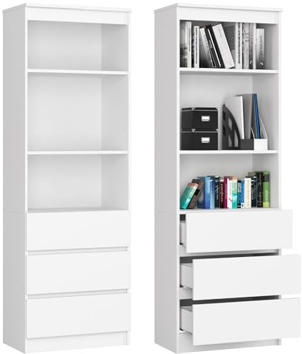Home Collective Schrank Büroregal Bücherregal Regal weiß 60cm breit 180cm hoch, mit 3 Schubladen