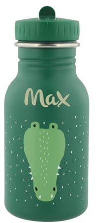 Personalisierte Kindertrinkflasche mit Namen, Trixie Krokodil-Design, 350ml Edelstahl Trinkflasche Kinder, Auslaufsicher, Kinderfreundlicher Verschluss, Optional mit Rucksack