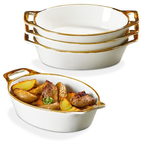 Au Gratin - Teglia da forno ovale in ceramica con manici, piccole casseruole per forno, 6 x 8 cm, piatti da forno singoli per 1-2 persone, set da 4, bordo marrone
