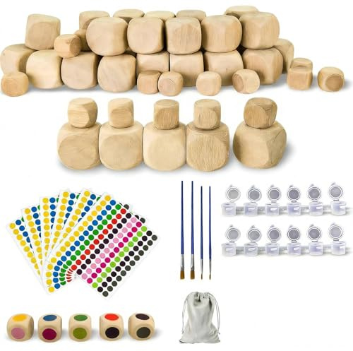 Annickee 50 Pezzi Dadi di Legno Vuoti, Dadi Da Gioco Cubi Legno, 20mm &12mm, Non Verniciato Cubi per Artigianato con Drawstring Sacchetto E Colore Dot Sticker, Cubetti per Fai da te e Artigianato
