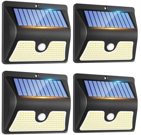 Rovnoes 4 Stück Solarlampen für Außen mit Bewegungsmelder - 150 LED 3 Modi Solar Strahler Aussen, IP65 Wasserdichte Solarleuchte mit Bewegungsmelder für Garten Garage Hof Rasen Stufen Haustüren